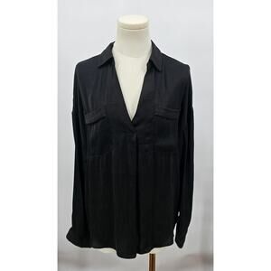 Naked Zebra Black Deep VNeck Blouse with Front Flap Pockets